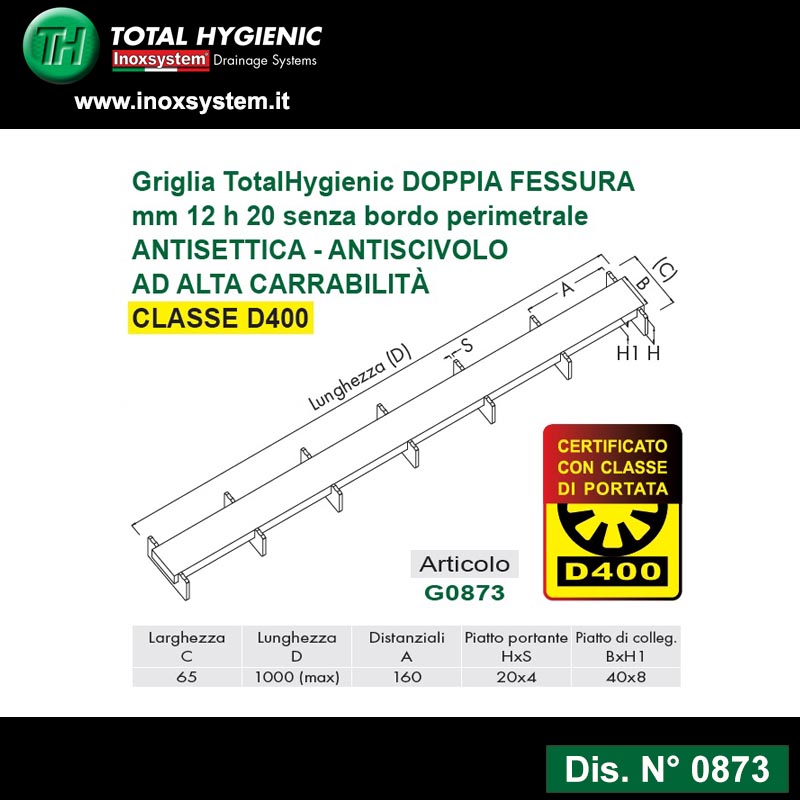 Linea 0873 griglia totalhygienic doppia fessura mm 12 h 20 senza bordo perimetrale antisettica - antiscivolo ad alta carrabilità in acciaio inox