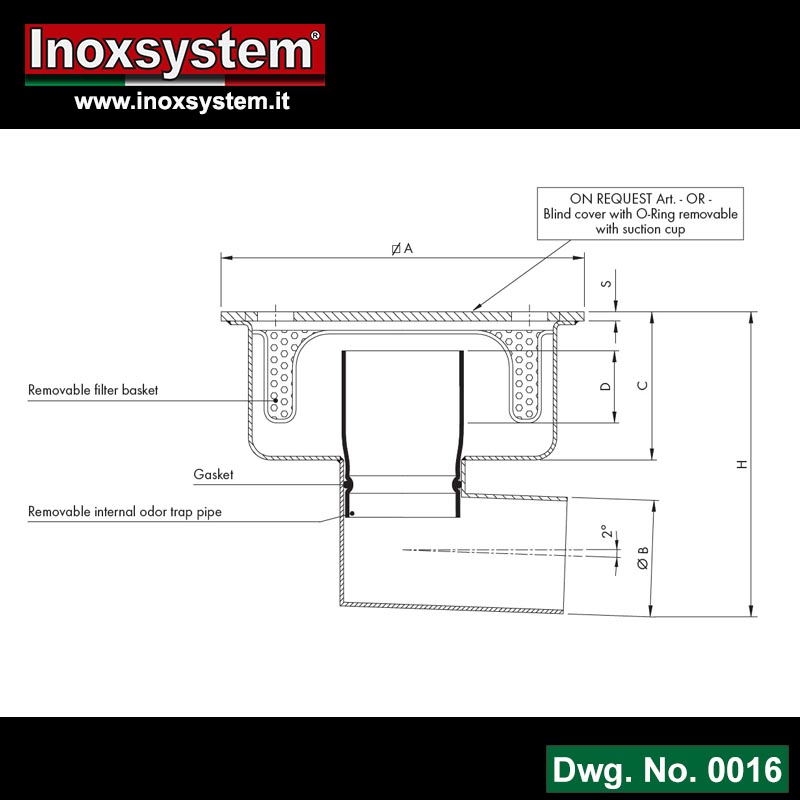  Line 0016 Dwg Floor drains with square top plate and horizontal outlet removable Total Hygienic internal odor trap pipe and filter basket