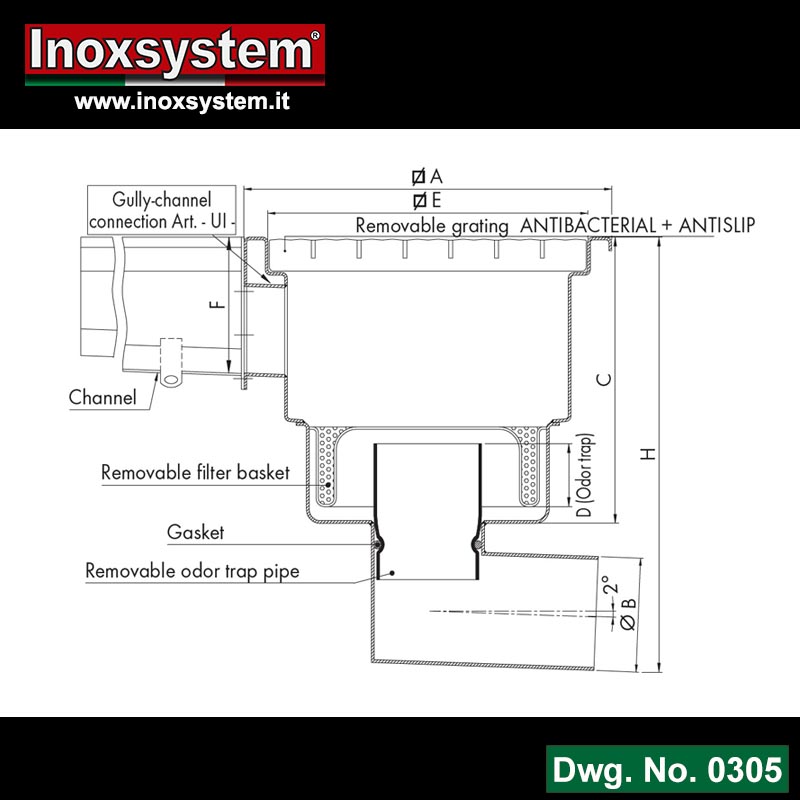 Line 0305 Dwg Gullies with grating and horizontal outlet, with one gully-channel connection removable Total Hygienic internal odor trap pipe and filter basket