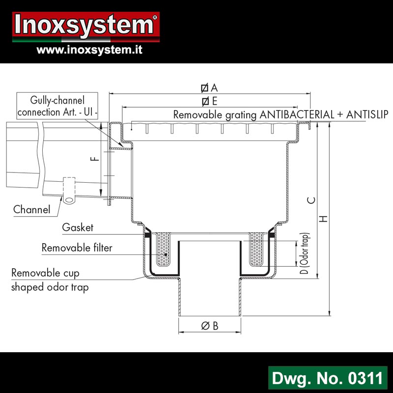 Line 0311 Dwg Gullies with grating and vertical outlet, with one gully-channel connection  removable Total Hygienic cup shaped odor trap pipe and filter basket