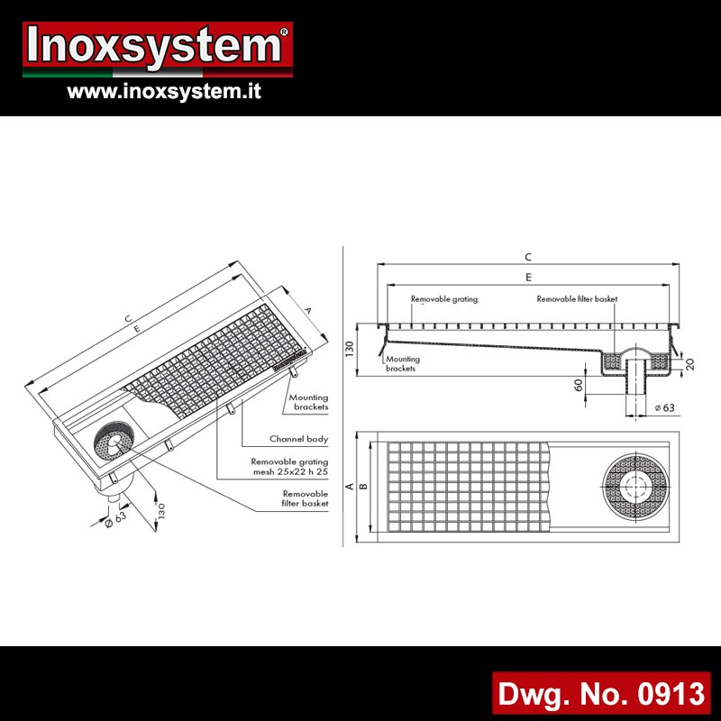 Dwg Stainless steel channel with grating and removable filter basket - end vertical outlet with odor trap