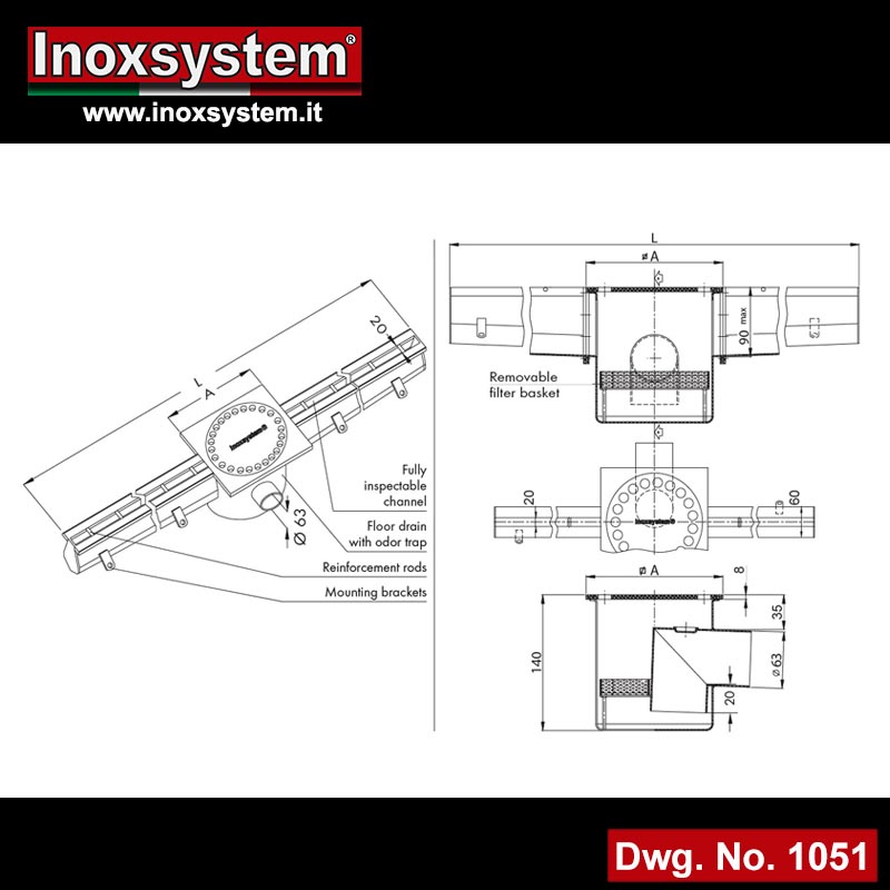 Dwg  Stainless steel slot channels with odor trap and removable filter basket - central horizontal outlet