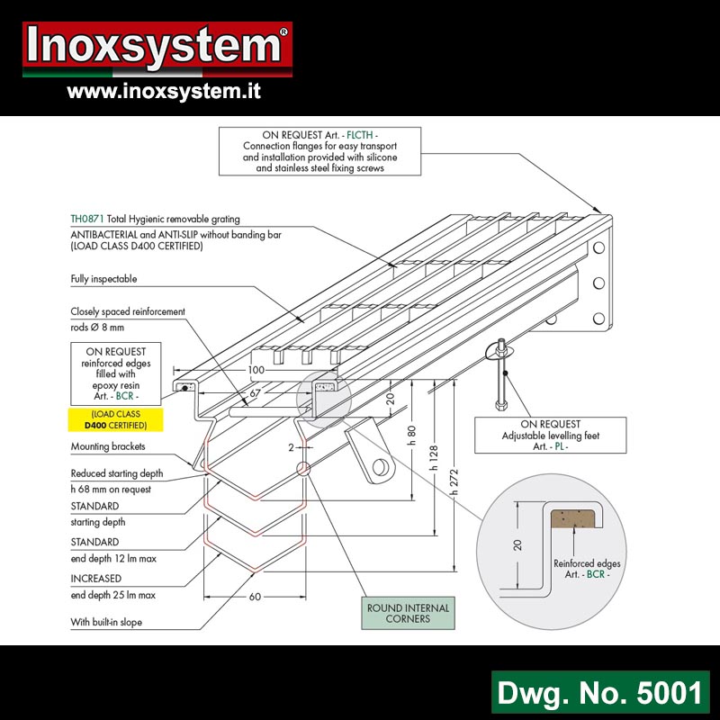 Line 5001 Dwg Total Hygienic Standard modular channel with connection flanges, reinforces edges, gullies with odor trap in stainless steel