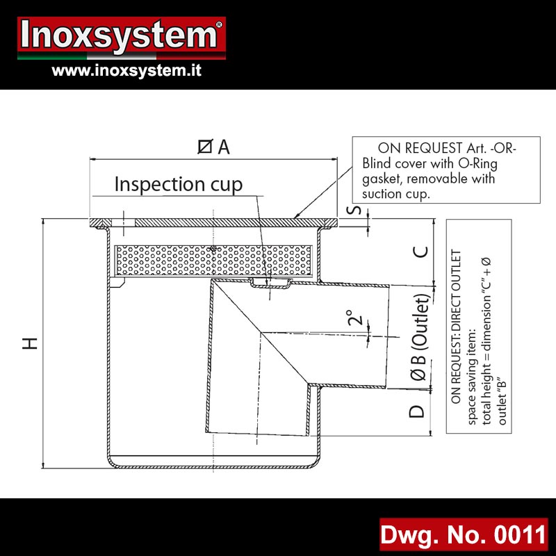 0011 Dwg Ultra-low profile floor drains with square top plate, horizontal outlet in stainless steel
