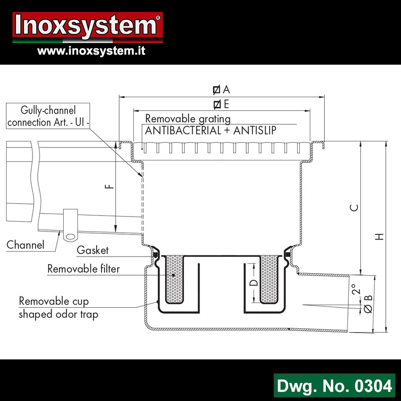 Line 0304 Dwg Ultra low-profile gully with grating and horizontal outlet, with one gully-channel connection removable Total Hygienic cup shaped odor trap