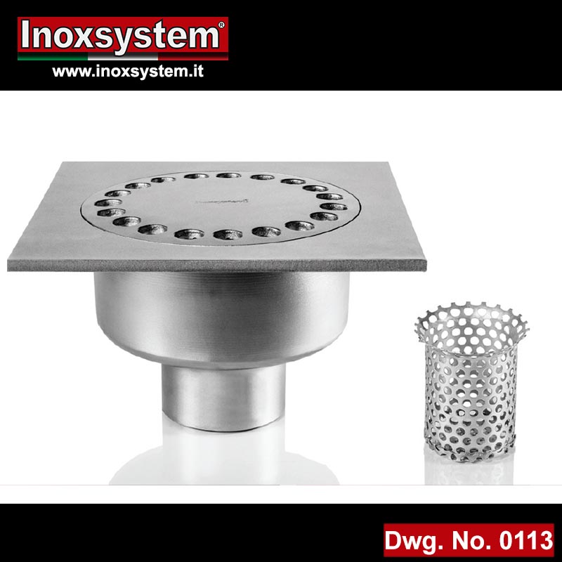 Standard and lowered floor drain with vertical outlet pipe in stainless steel