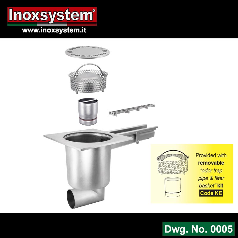  Line 0005 Floor drains with square top plate and horizontal outlet removable Total Hygienic internal odor trap pipe and filter basket