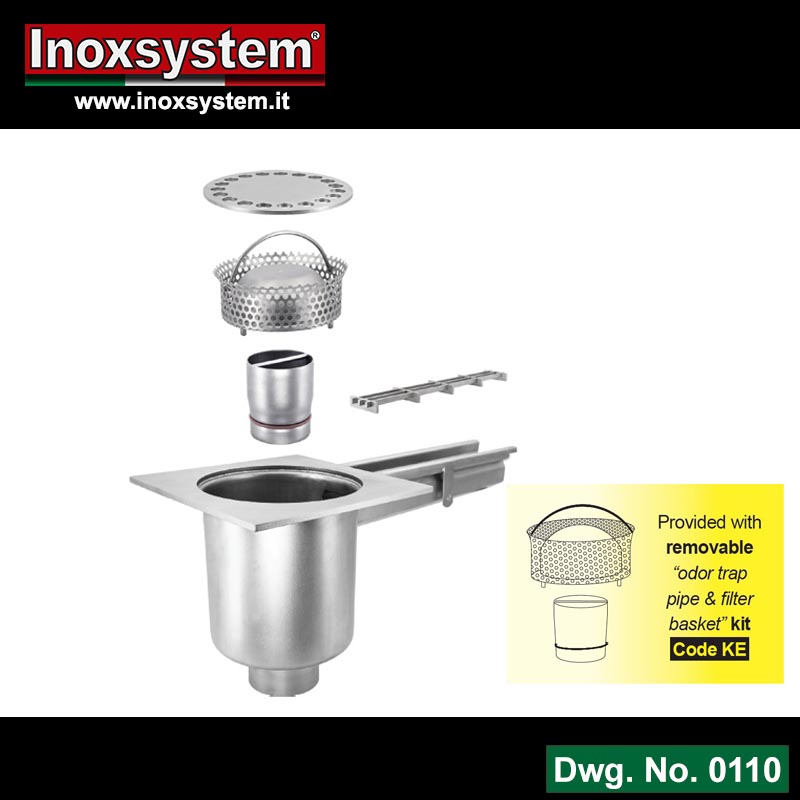 Line 0110 floor drains with square top plate and vertical outlet removable odor trap pipe and filter basket in stainless steel