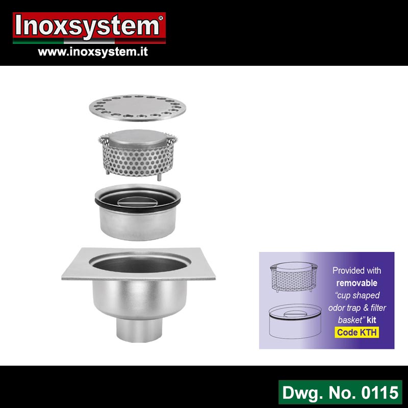 Line 0115 Floor drains with square top plate and vertical outlet removable Total Hygienic cup shaped odor trap and filter basket