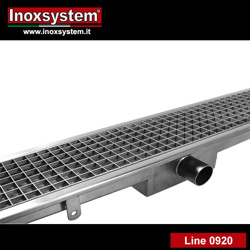 line 0920 Standard grid channel with low siphoned floor drain welded under the channel in stainless steel