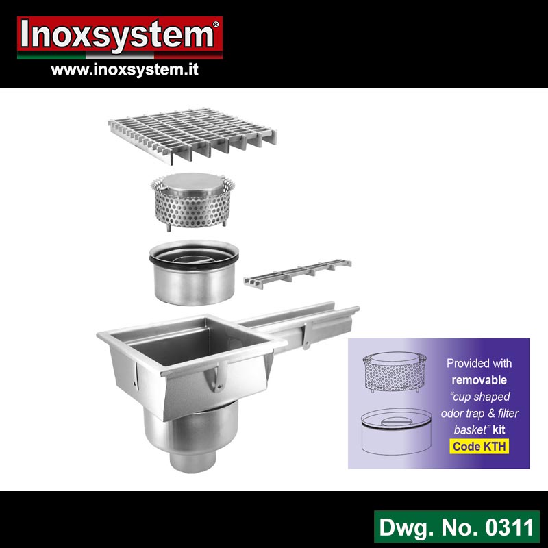 Line 0311 Gullies with grating and vertical outlet, with one gully-channel connection  removable Total Hygienic cup shaped odor trap pipe and filter basket