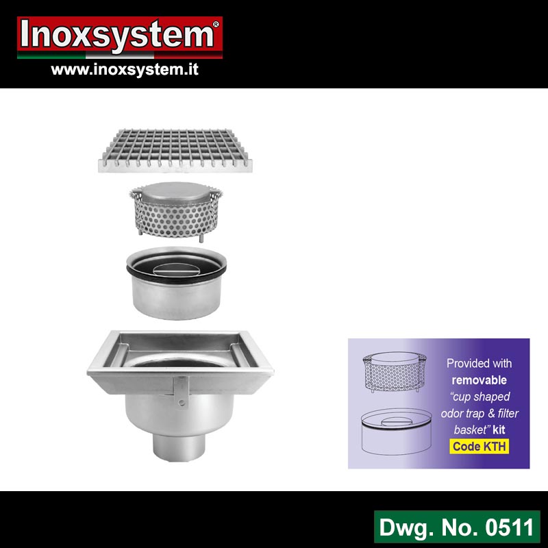 Line 0511 Gullies with grating and vertical outlet, removable TotalHygienic cup shaped odor trap and filter basket