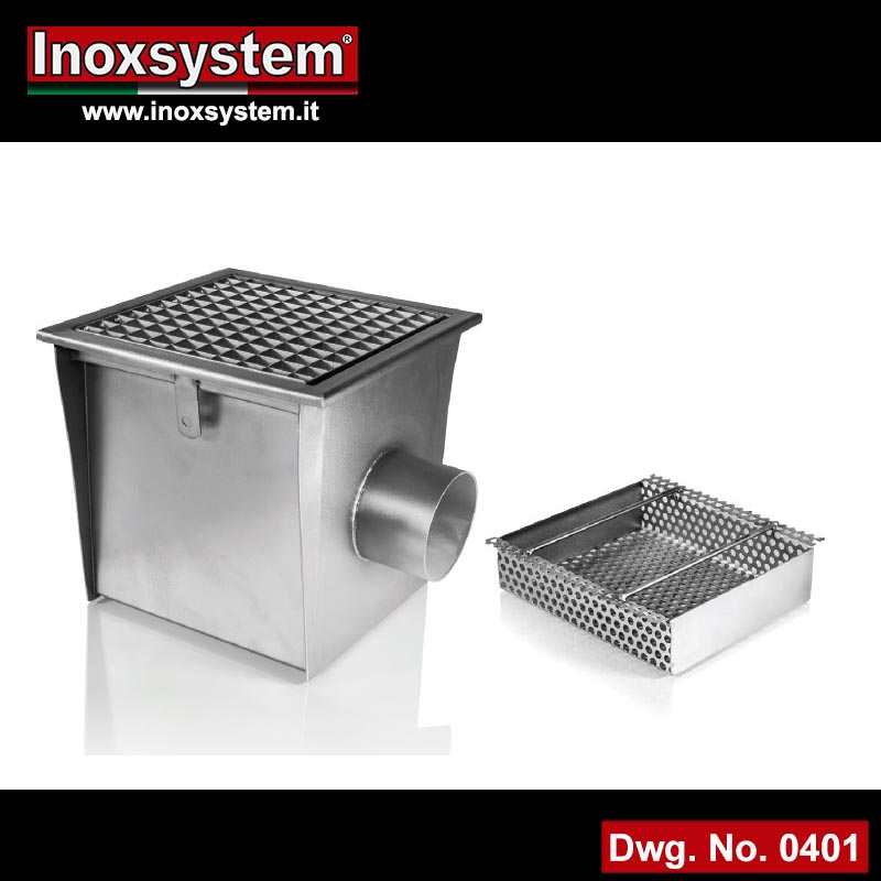 Gullies with mesh grating, horizontal outlet, odor trap and removable filter basket in stainless steel