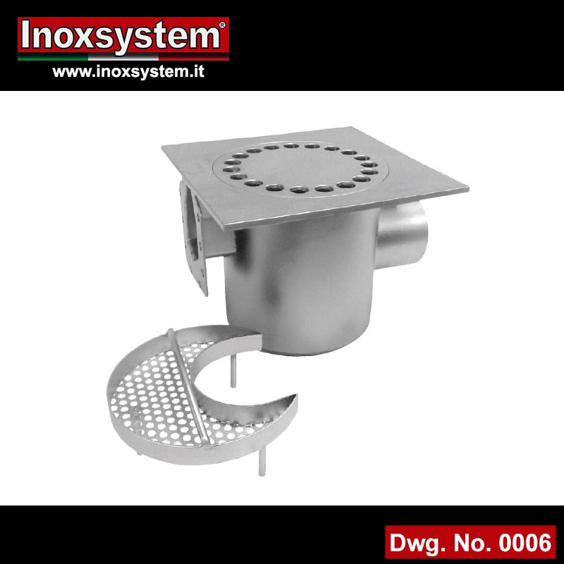 Lowered Floor drain with horizontal outlet and filter basket with one floor drain in stainless steel