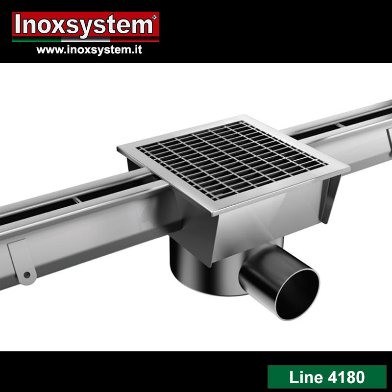 Line 4180 Modular slot channel with grilled manhole covers, removable siphon bowl in stainless steel