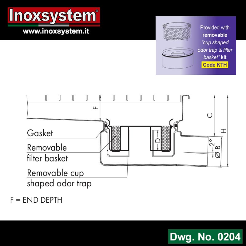 Line 0204 round body gully welded to the channel body (hermetically sealed). horizontal outlet with removable “cup shaped odor trap & filter basket” kit