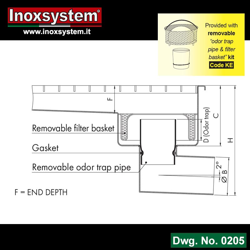 Line 0205 round body gully welded to the channel body (hermetically sealed). horizontal outlet with removable “odor trap pipe & filter basket” kit
