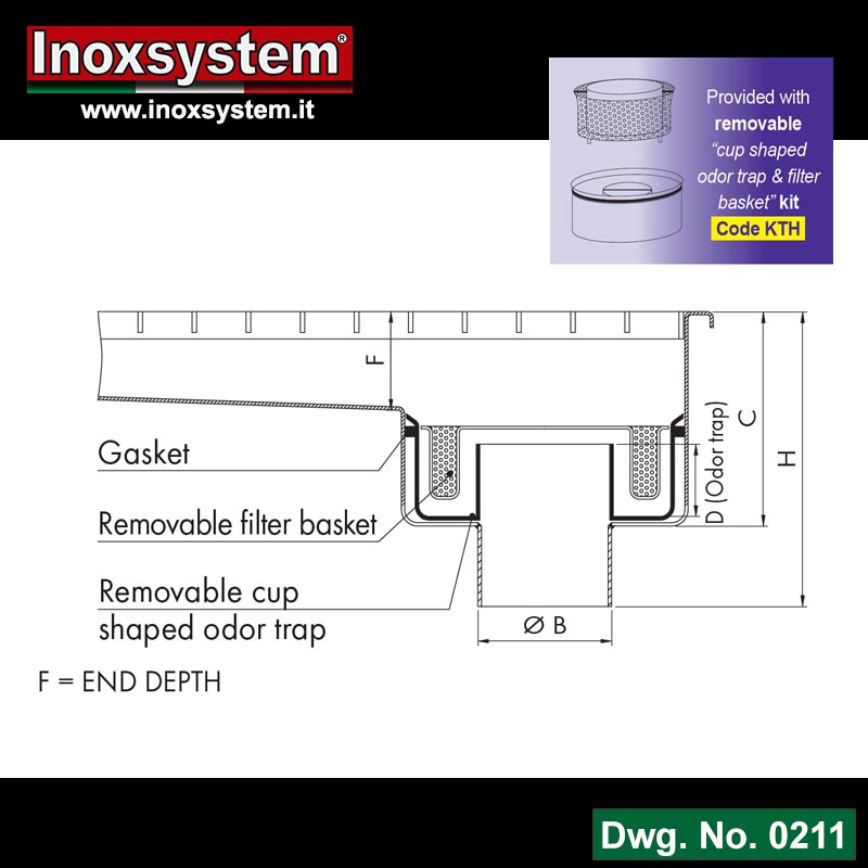 Line 0211 Round body gully welded to the channel body (hermetically sealed) vertical outlet with removable “cup shaped odor trap & filter basket” kit