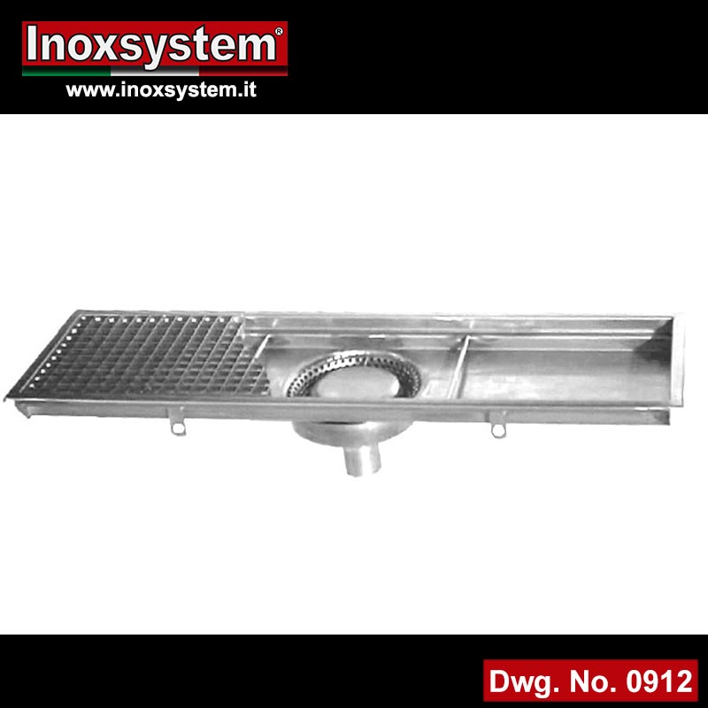 Stainless steel channel with grating and removable filter basket - central vertical outlet with odor trap