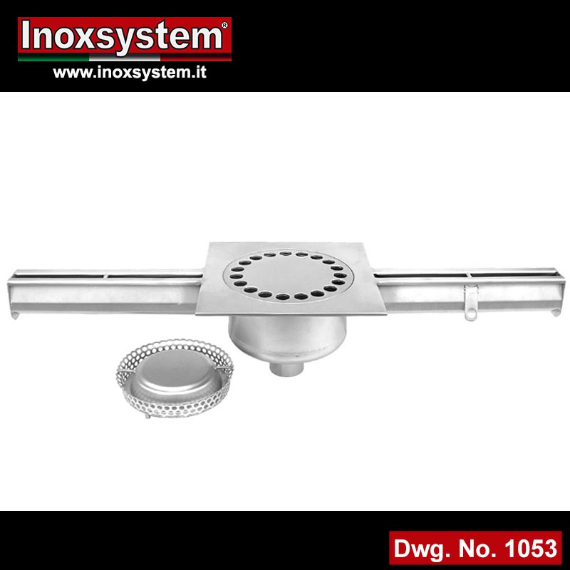 Stainless steel slot channels with odor trap and removable filter basket - central vertical outlet