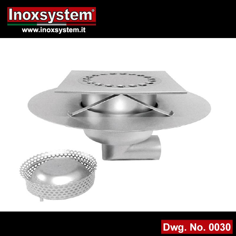 Telescopic floor drain with odor trap and filter basket, with round flange for waterproof membrane in stainless steel