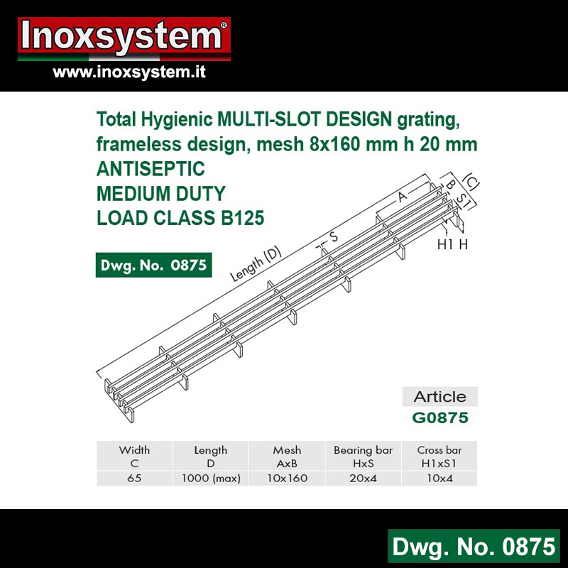 Line 0875 total hygienic multi-slot design grating, frameless design, mesh 8x160 mm h 20 mm antiseptic medium duty load class b125