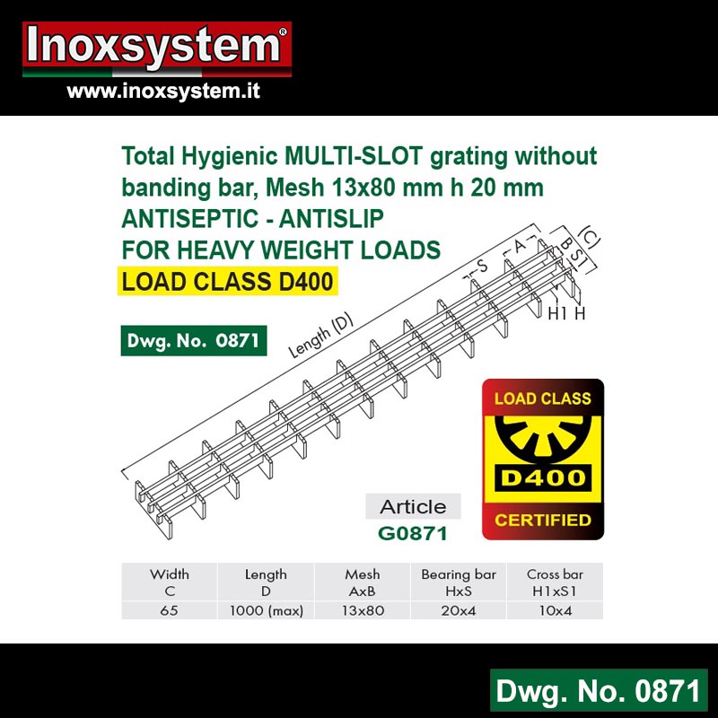 Line 0871 total hygienic multi-slot grating without banding bar, mesh 13x80 mm h 20 mm antiseptic - antislip for heavy weight loads load class d400
