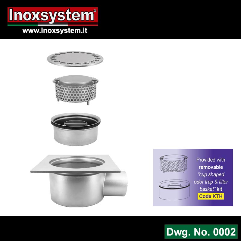 Line 0002 Ultra-low profile floor drains with horizontal outlet, removable Total Hygienic cup shaped odor trap.