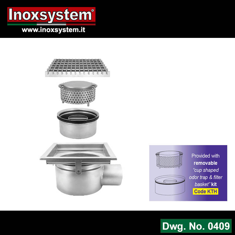 Line 0409 Ultra-low profile gullies with grating with horizontal outlet, removable TotalHygienic cup shaped odor trap