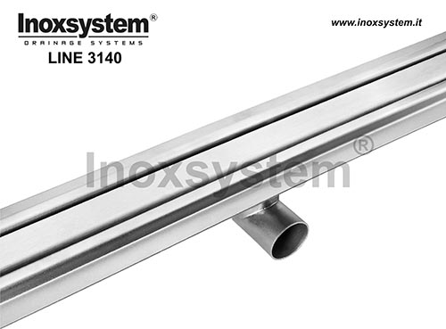 Stainless steel linear drain with two side slots, satin finish cover, satin finished edge and direct outlet