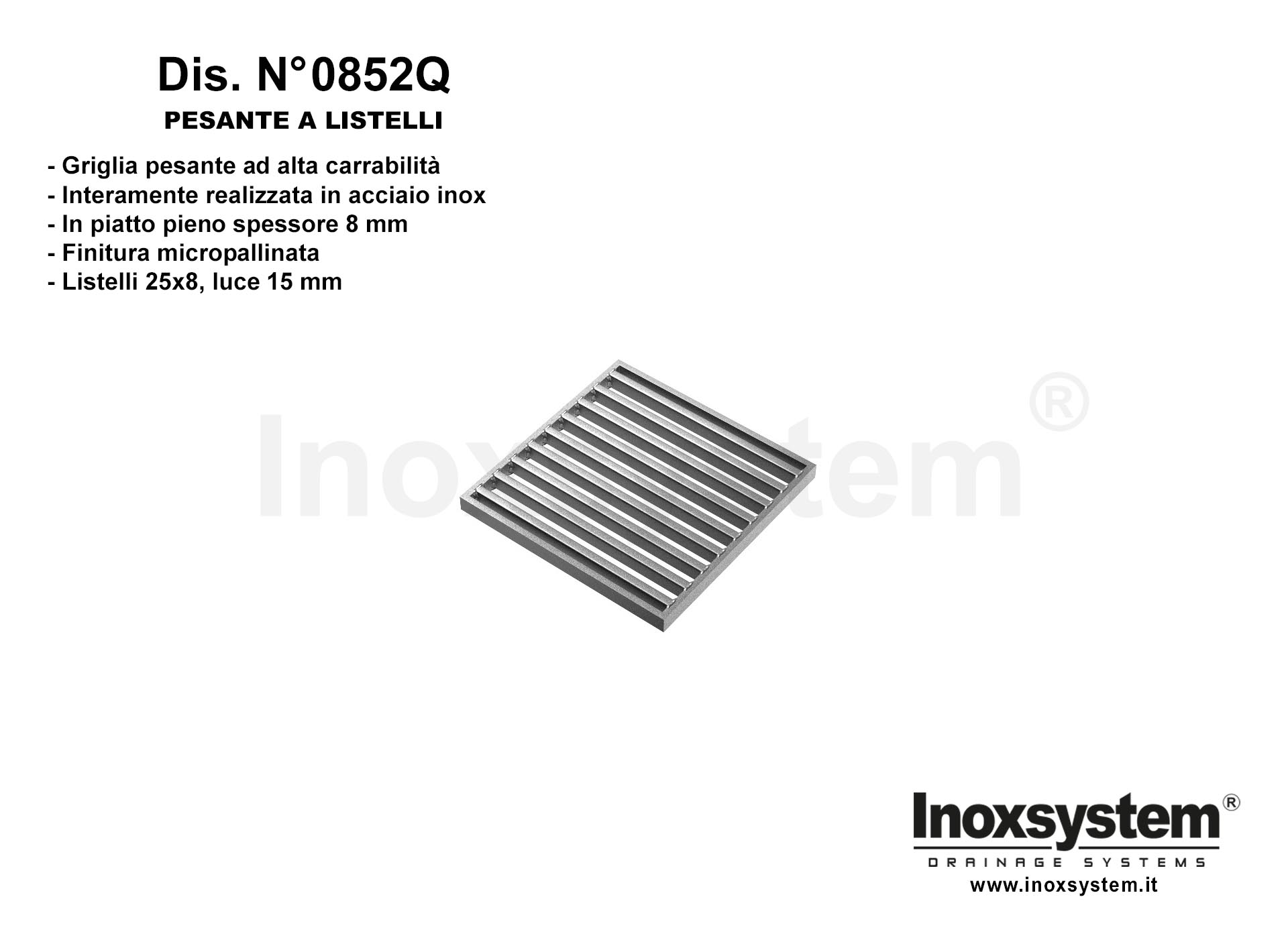 Griglia quadra pesante a listelli piatto 25x8 luce 20 DIS. N° 0851Q in acciaio inox