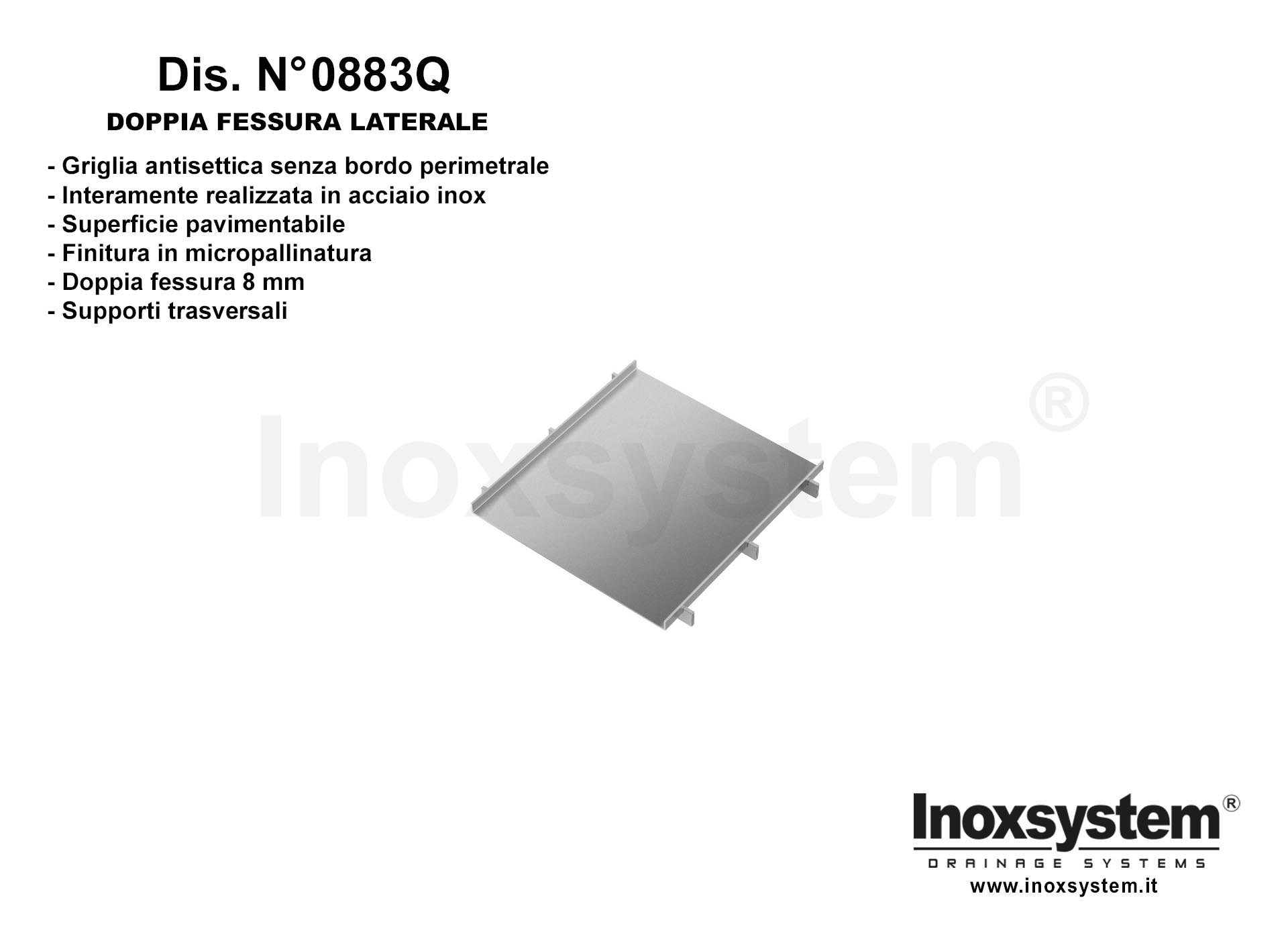Griglia quadra in lamiera piegata pavimentabile con doppia fessura laterale antitacco sp. 2mm con supporti trasversali DIS. N° 0883
