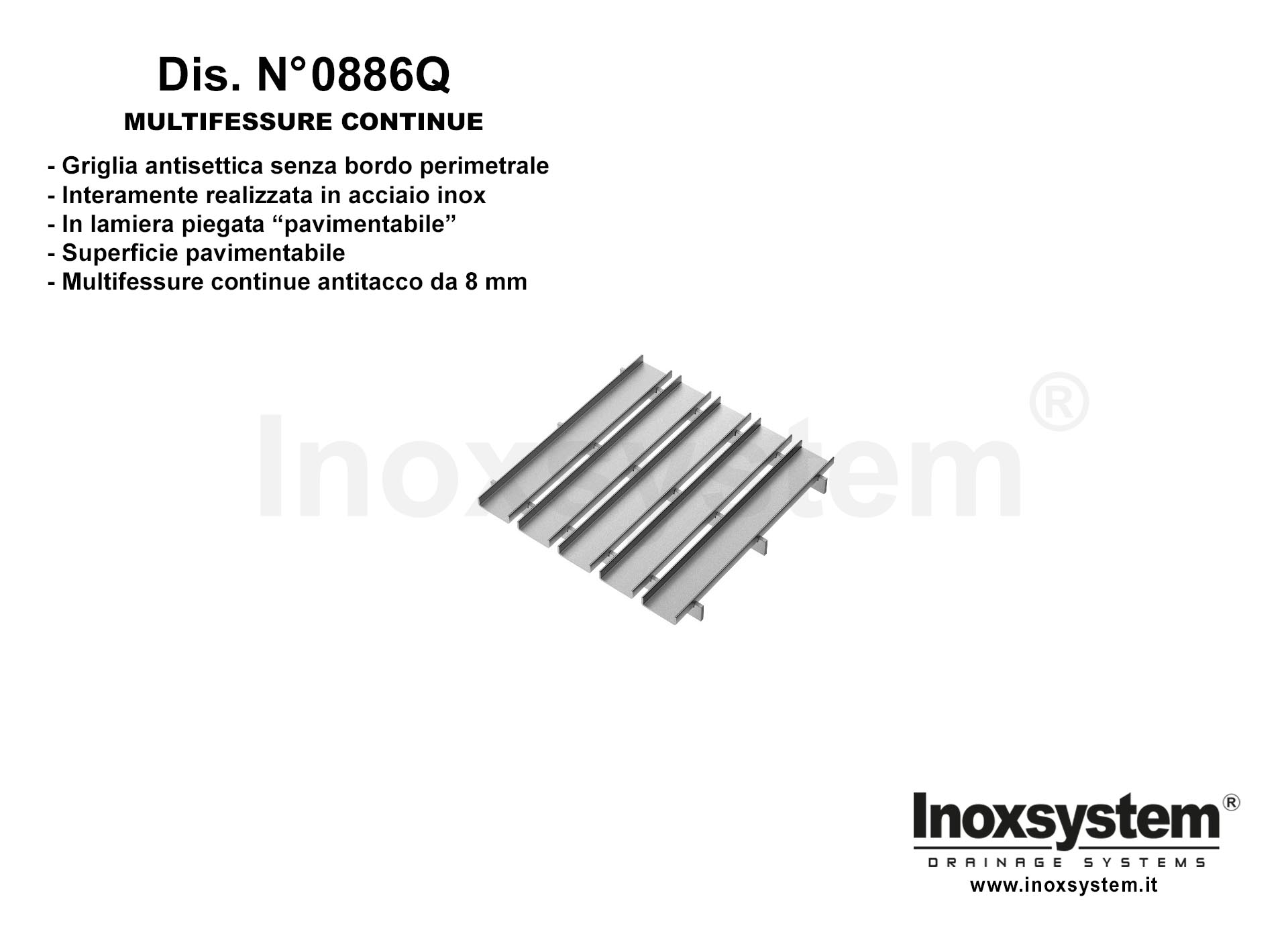 Griglia quadra in lamiera piegata pavimentabile multifessure continue antitacco 8mm DIS. N° 0886Q in acciaio inox