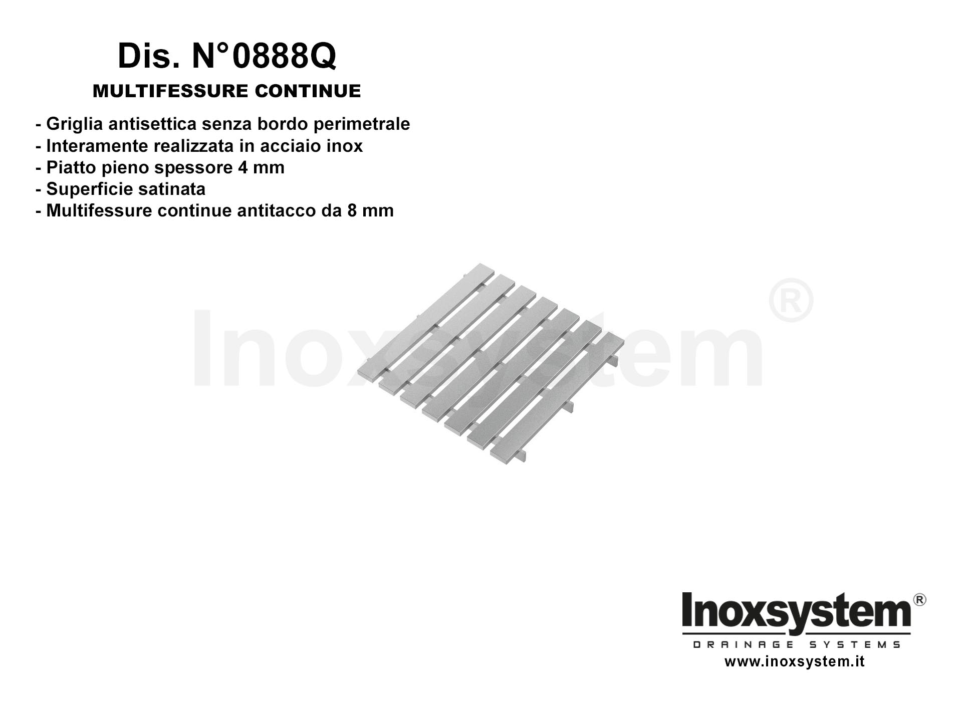 Griglia quadra Dis. N° 0888 in piatto sp. 8mm continuo longitudinale multifessure continue antitacco da 8mm