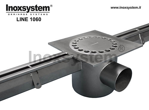 standard stainless steel slot channel with floor drain, siphoned outlet and removable filter basket