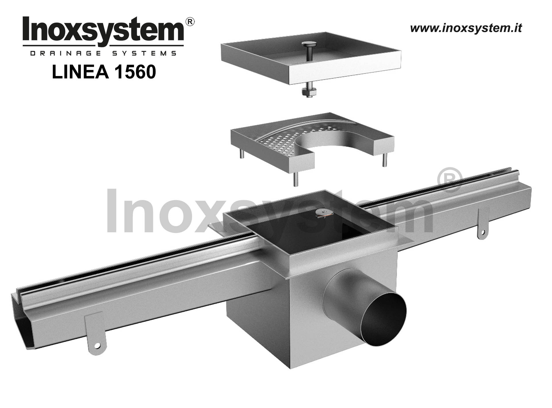 Channel with central slot, vertical edges and flat top surface for floor tile installation, floor drain with tileable cover, odor trap and removable filter in stainless steel