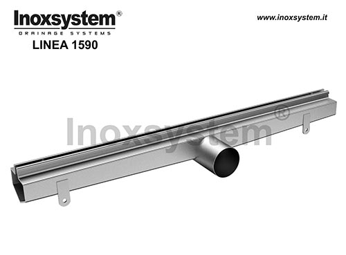 Channel central slot, vertical edges and flat top surface for floor tile installation, direct outlet with no inspection unit in stainless steel