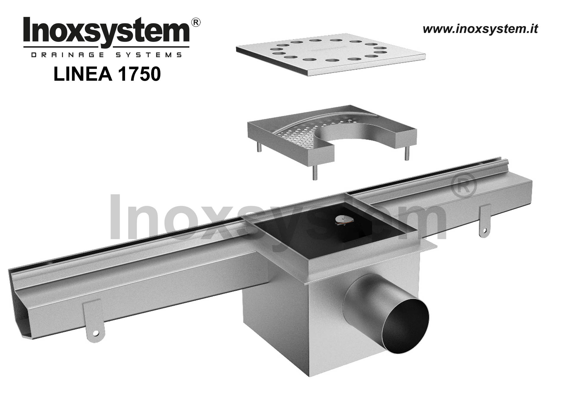 Channel offset slot, vertical edges and flat top surface for floor tile installation, floor drain with odor trap and removable filter in stainless steel