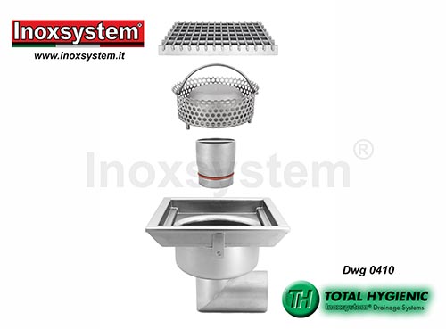 Hygienic floor drains with grating, horizontal outlet and removable filter basket in stainless steel