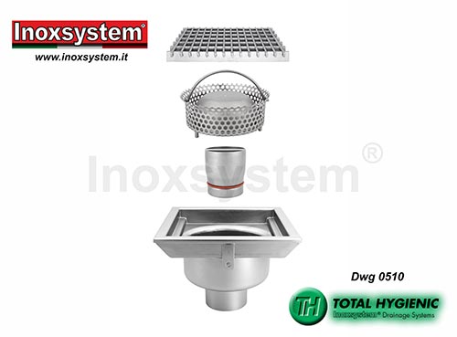Hygienic floor drains with grating removable filter basket in stainless steel