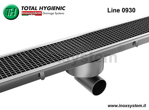 Channel with grating, floor drain with removable odor trap pipe and filter basket in stainless steel