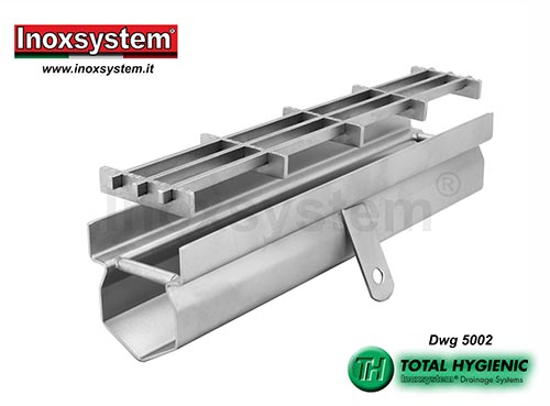 Hygienic drainage channel, vertical edges and multi-slot grating in stainless steel