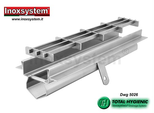 Hygienic drainage channel with vertical rounded edges and multi-slot grating in stainless steel