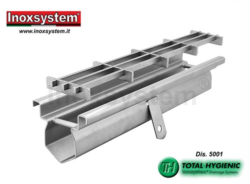 Canal de drenaje estándar Inoxsystem® Total Hygienic con marco satinado y rejilla multi-slot en acero inoxidable